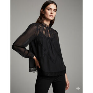 Madewell Black Sheer Silk Lace Inset Long Sleeve Blouse - Size Small NWT